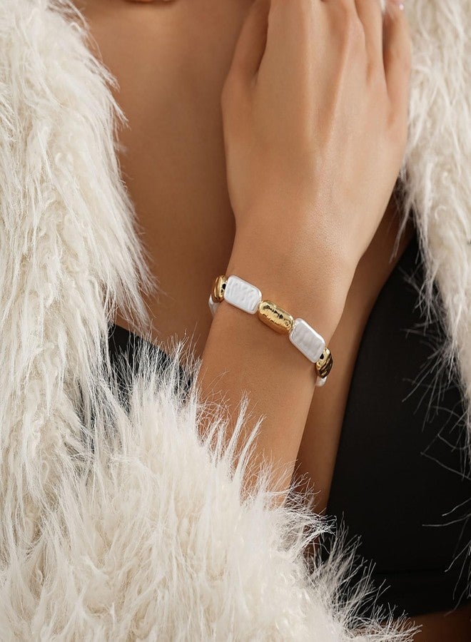 GLMOCM Baroque Pearl Bracelet for Women 14K Gold Pearl Statement Bracelet Dainty White Pearl Stretch Bracelets Birthday Jewelry Gift for Women (D) - Image 2
